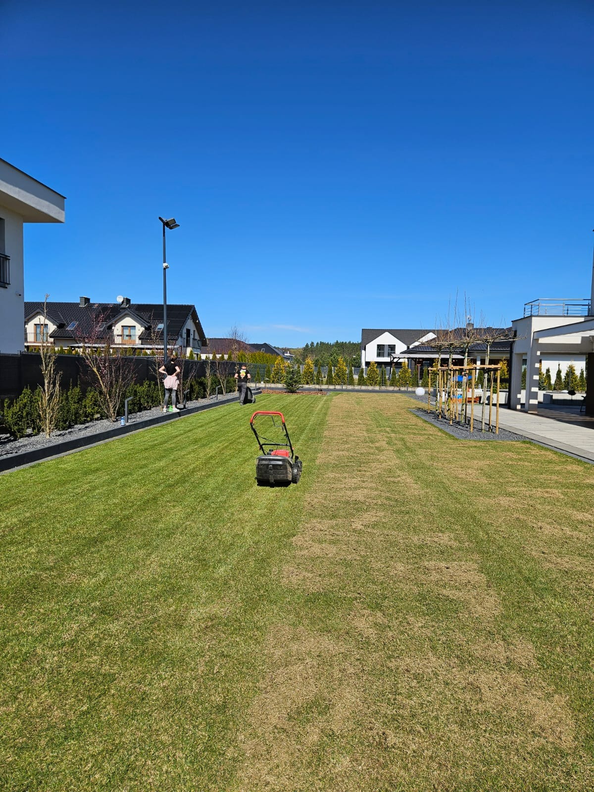 Trawnik po częściowym koszeniu, widoczna różnica w kolorze trawy, dwie osoby pracują w oddali, nowoczesny dom w tle.
