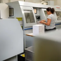 Pracownica w okularach obsługuje maszynę drukarską Horizon, układając stos białych arkuszy papieru; widoczny ekran sterowania maszyny i pojemnik na odpady.