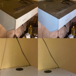 KrisKross Usługi Sprzątające - Kuchenny okap Gamma przed i po czyszczeniu. Górna część okapu pokryta brudem, tłuszczem, dolna część czysta, biała. Widoczne otwory wentylacyjne.