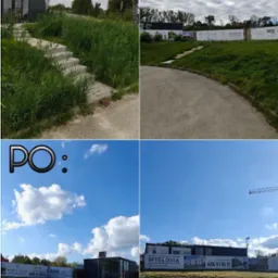 Porównanie terenu przed i po koszeniu: zaniedbane schody kontra krótko przystrzyżona trawa wokół budynku z reklamami Myslovia.