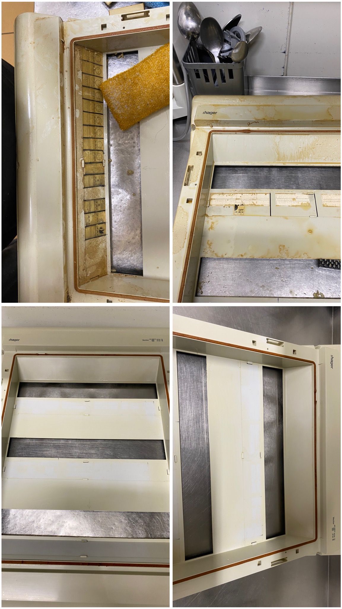 Czteropanelowe ujęcie rozdzielnicy elektrycznej Hager: przed czyszczeniem z tłuszczem i kurzem, w trakcie z gąbką, oraz po dokładnym umyciu, ukazując detale i precyzję.