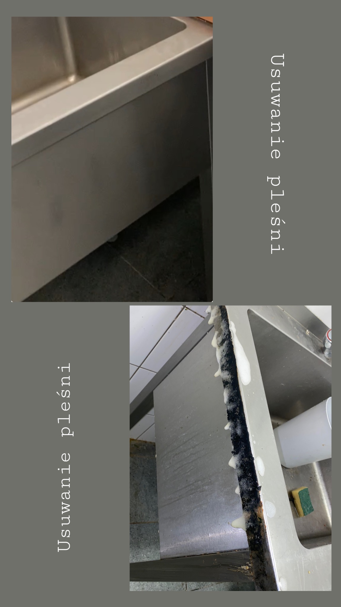 Czyszczenie zlewu ze stali nierdzewnej z pleśni, widoczne środki czyszczące i gąbka. Ujęcie z bliska, podkreślające problem i proces usuwania.