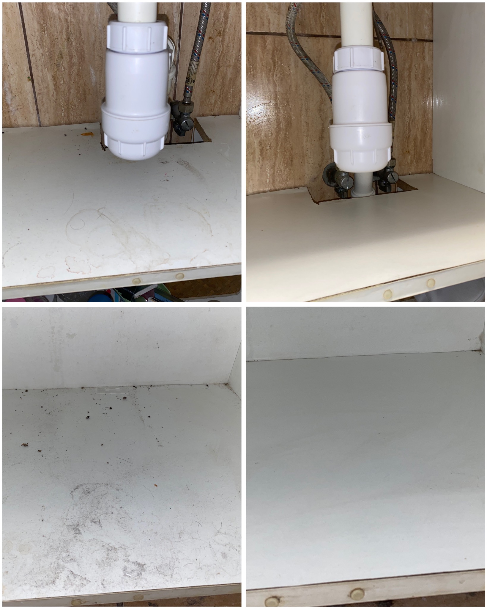 Zdjęcie 'przed i po' czyszczenia szafki pod zlewem. Widoczne zacieki i zabrudzenia przed, a po czyszczeniu powierzchnia jest biała i czysta.