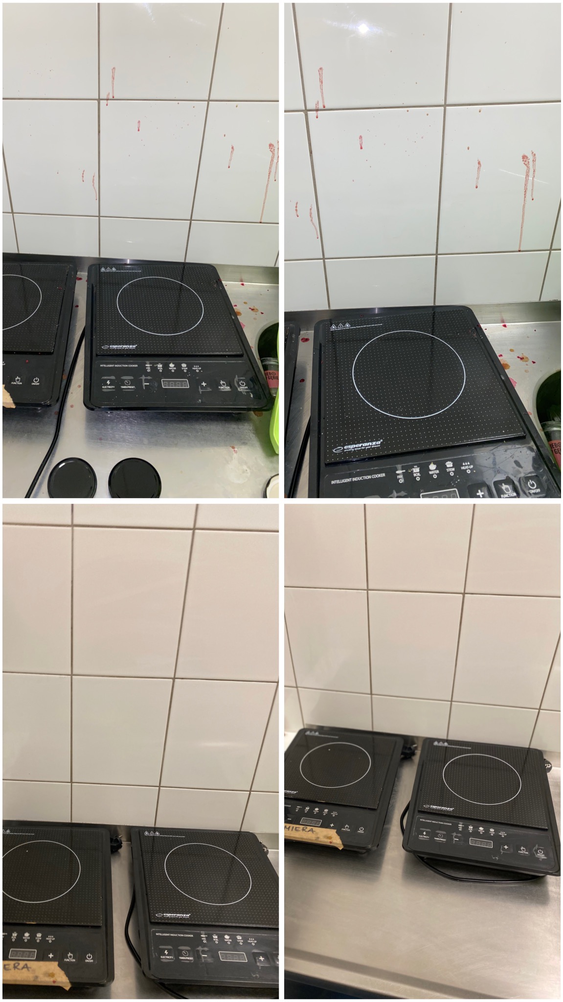 Kafelki z zaschniętymi plamami obok czarnej płyty indukcyjnej na metalowym blacie. Widoczne zabrudzenia. Ukazany stan przed czyszczeniem.