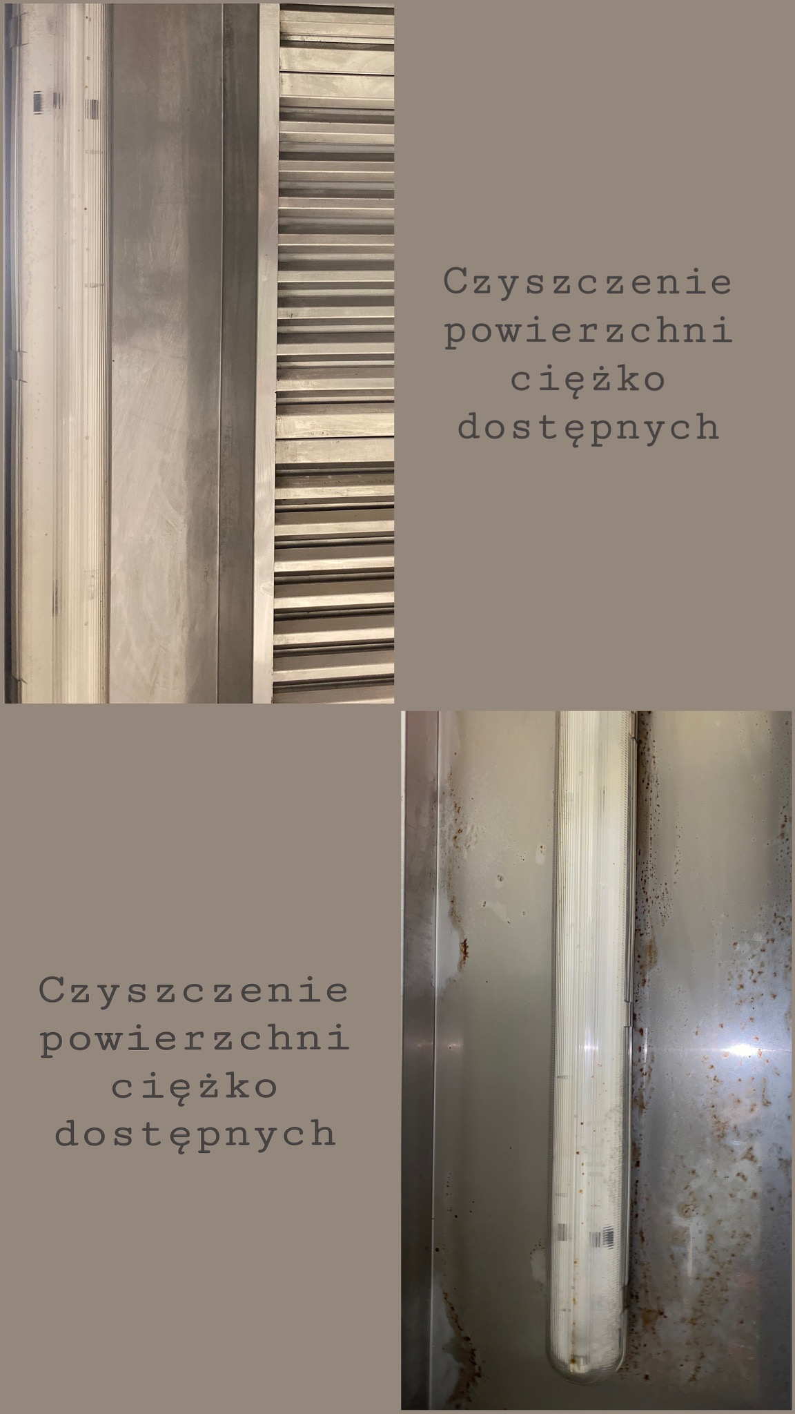 Zdjęcie przedstawia porównanie czystości powierzchni przed i po czyszczeniu, z widocznymi zabrudzeniami na dolnym kadrze i czystą powierzchnią na górnym kadrze.