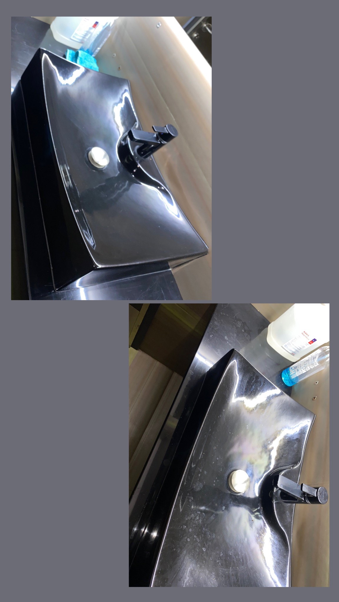 Błyszcząca, czarna umywalka z czarną armaturą po czyszczeniu, bez smug i zacieków. Na blacie widoczne środki czystości. Podwójne ujęcie umywalki z różnych perspektyw.