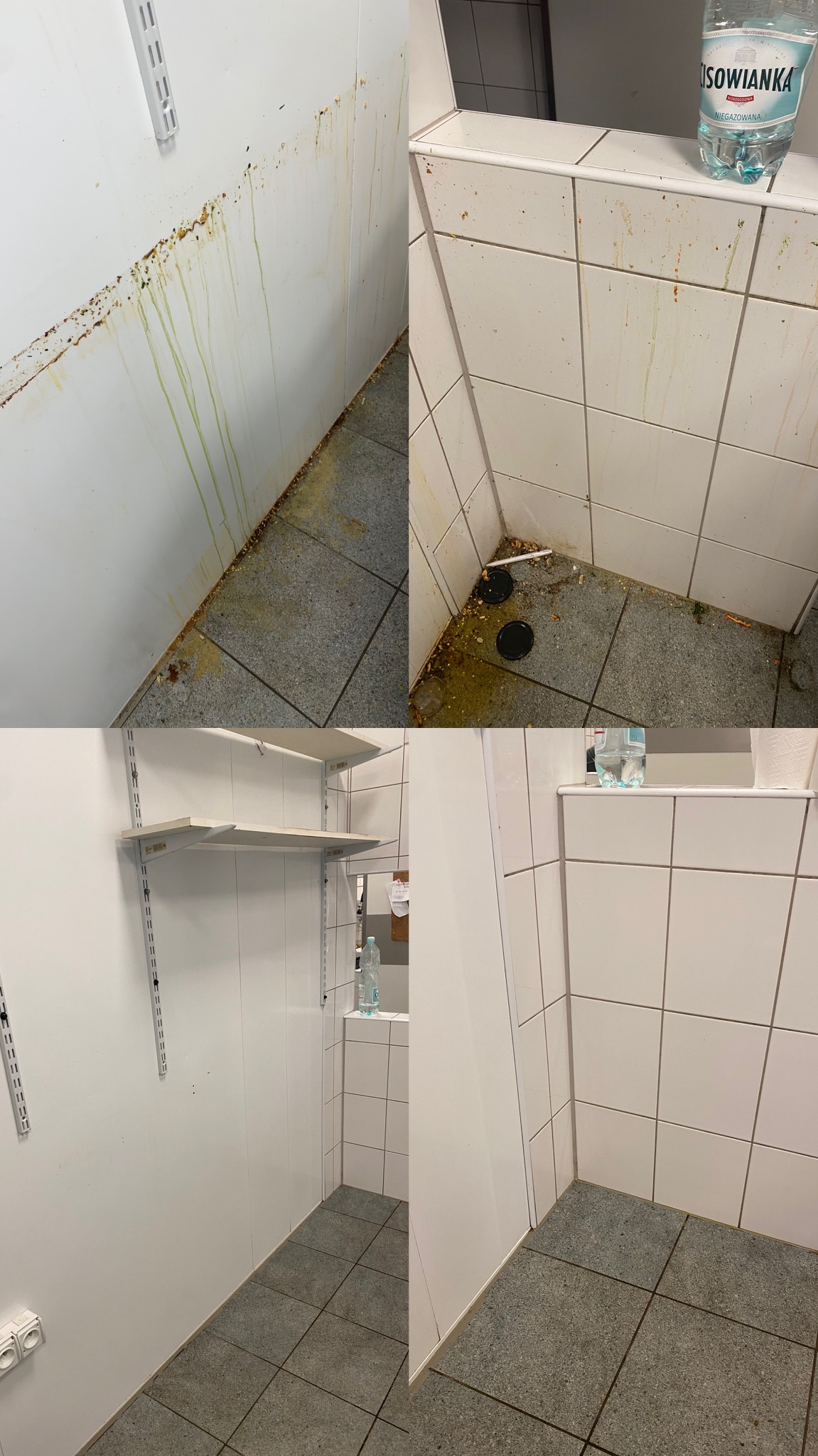 Zestawienie czterech ujęć brudnej, zaniedbanej przestrzeni z plamami i zabrudzeniami na ścianach, podłodze i półkach. W tle widoczna butelka wody.