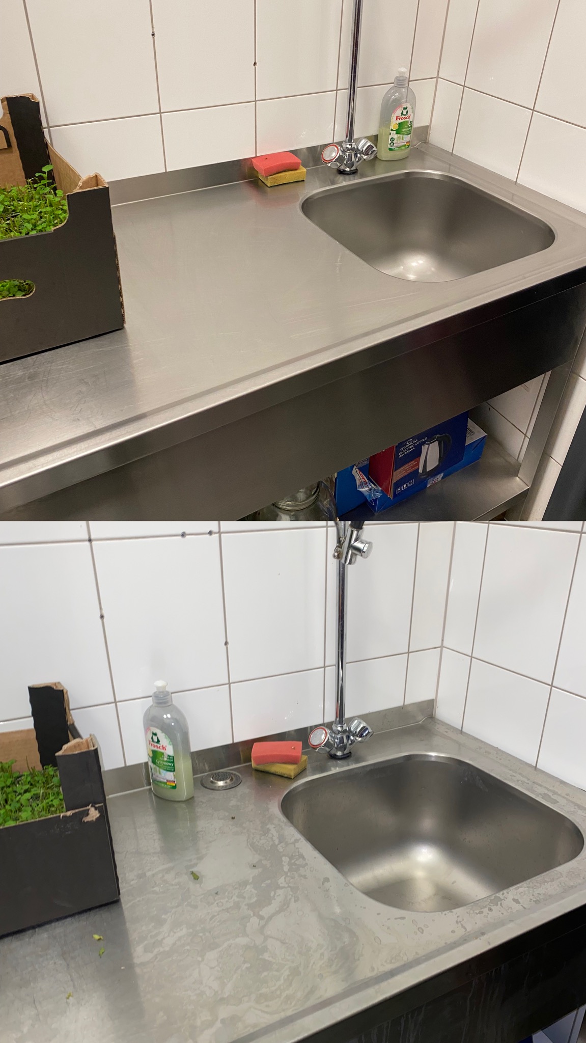 Zdjęcie blatu kuchennego ze stali nierdzewnej przed i po czyszczeniu. Po lewej stronie zioła w kartonie, w tle białe płytki. Widoczne ślady po umyciu.