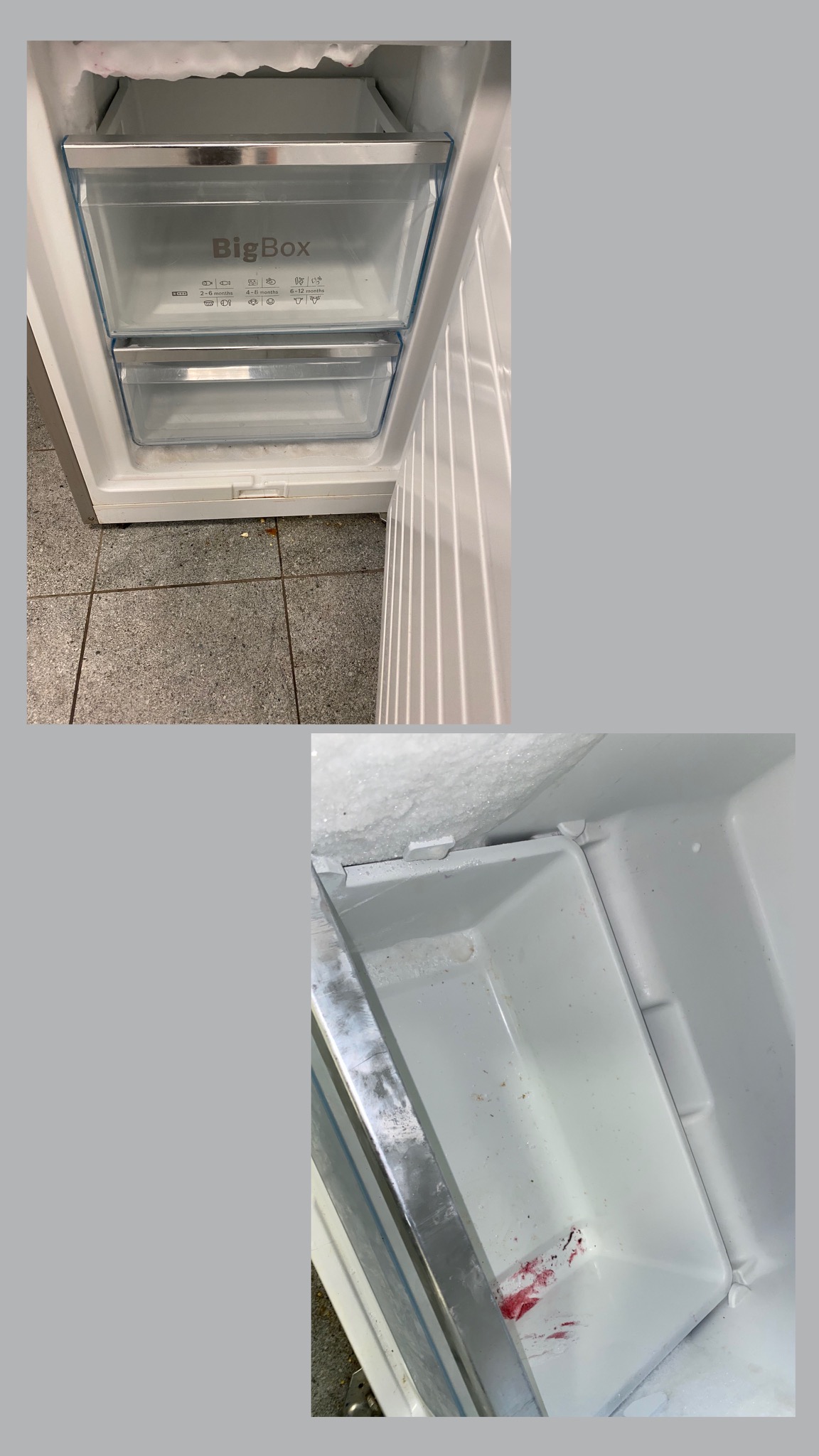 Zabrudzona i oblodzona zamrażarka przed czyszczeniem. Widoczne resztki jedzenia i lodu wewnątrz. Dwie perspektywy: góra i dół.