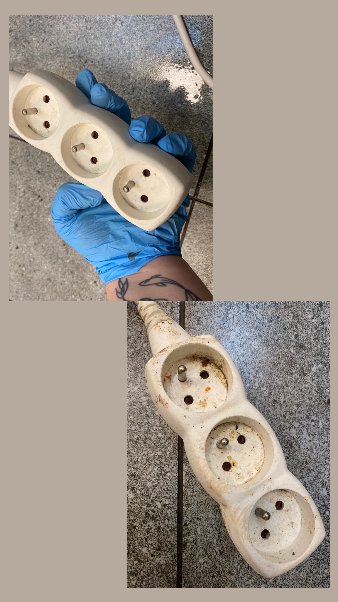 Listwa zasilająca przed i po czyszczeniu w Gliwicach. Dłoń w niebieskiej rękawicy trzyma czystą listwę; poniżej brudna listwa na szarym tle.