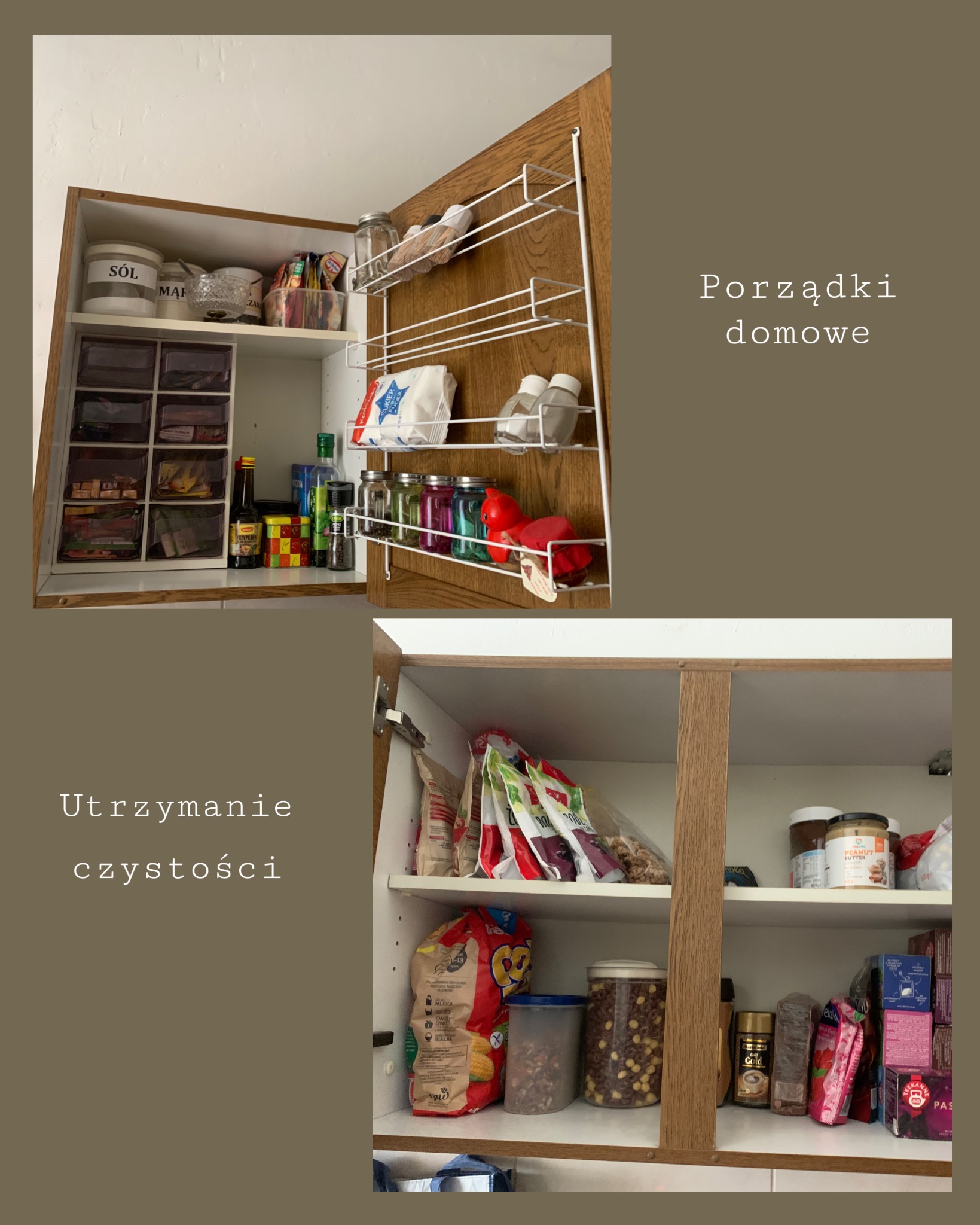 Uporządkowana szafka kuchenna z półkami i organizerami. Widoczne pojemniki z przyprawami, słoiki, produkty spożywcze. Utrzymanie porządku w kuchni, funkcjonalne rozwiązanie.