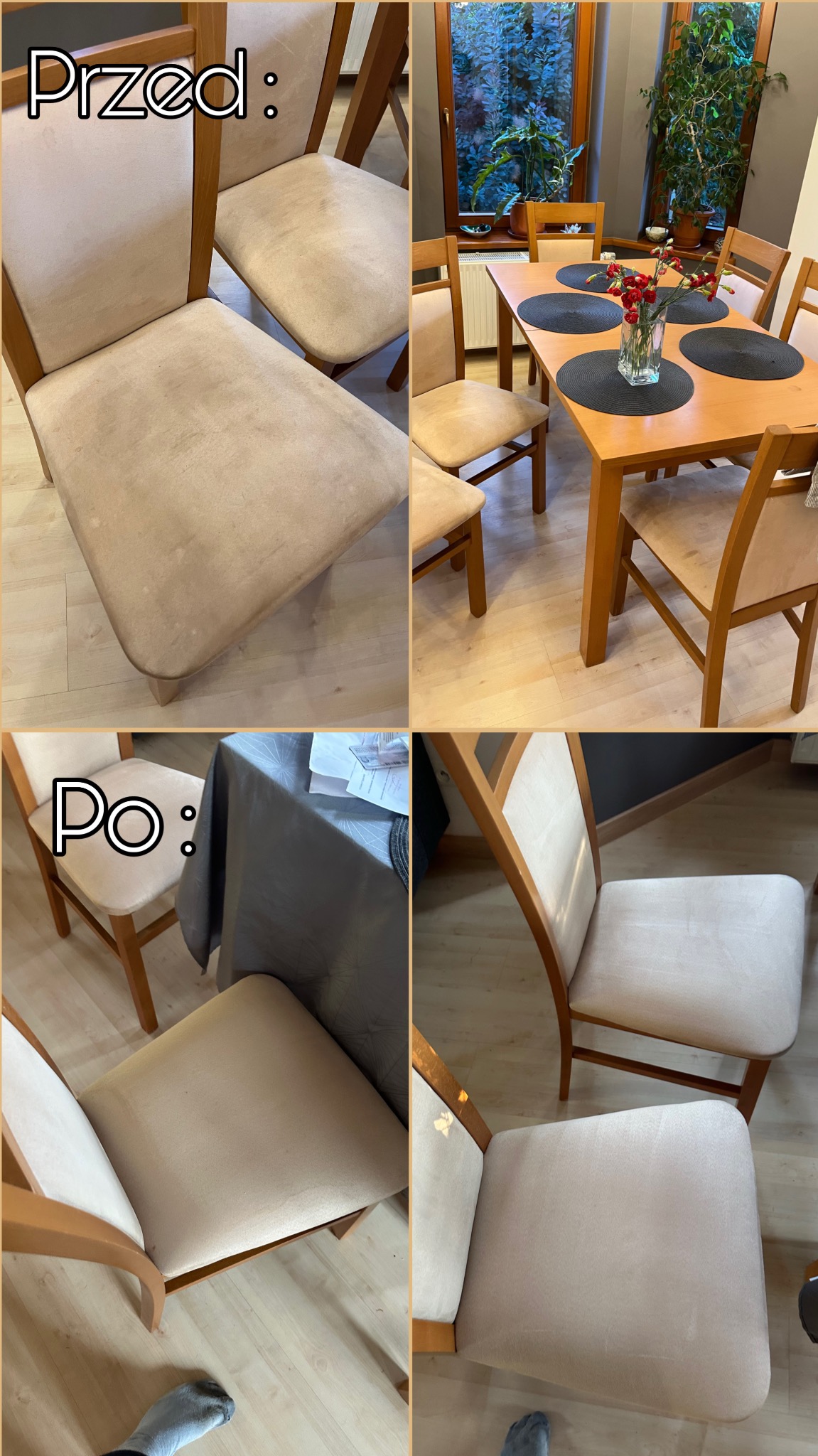 Kolaż: krzesła tapicerowane 'przed' - widoczne plamy, 'po' - czyste obicia, jaśniejszy odcień. Drewniane ramy. Układ pionowy.