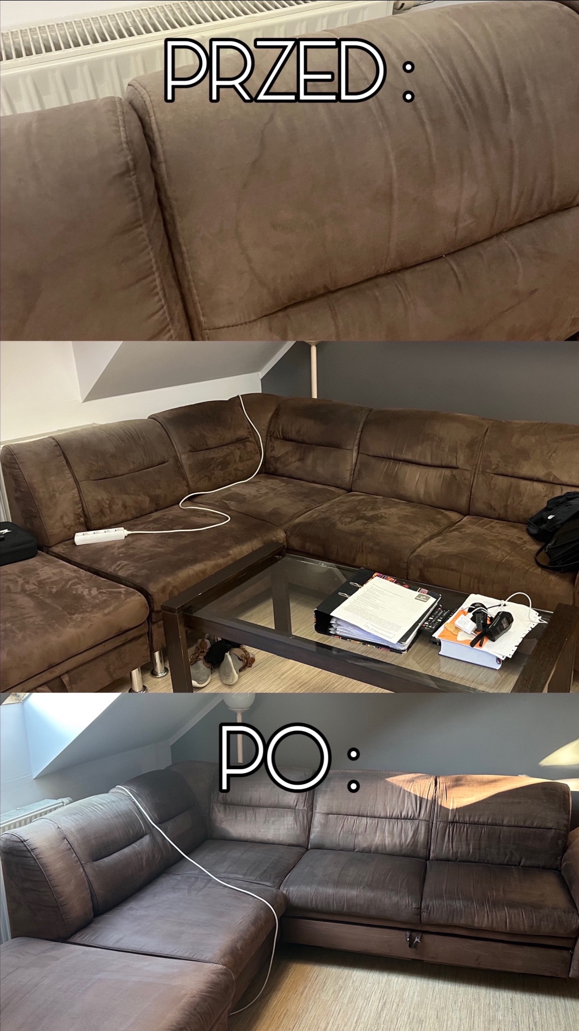 Brązowy narożnik przed i po czyszczeniu. Widoczne różnice w wyglądzie tapicerki, z odświeżonym kolorem i usuniętymi zabrudzeniami w dolnej części zdjęcia.