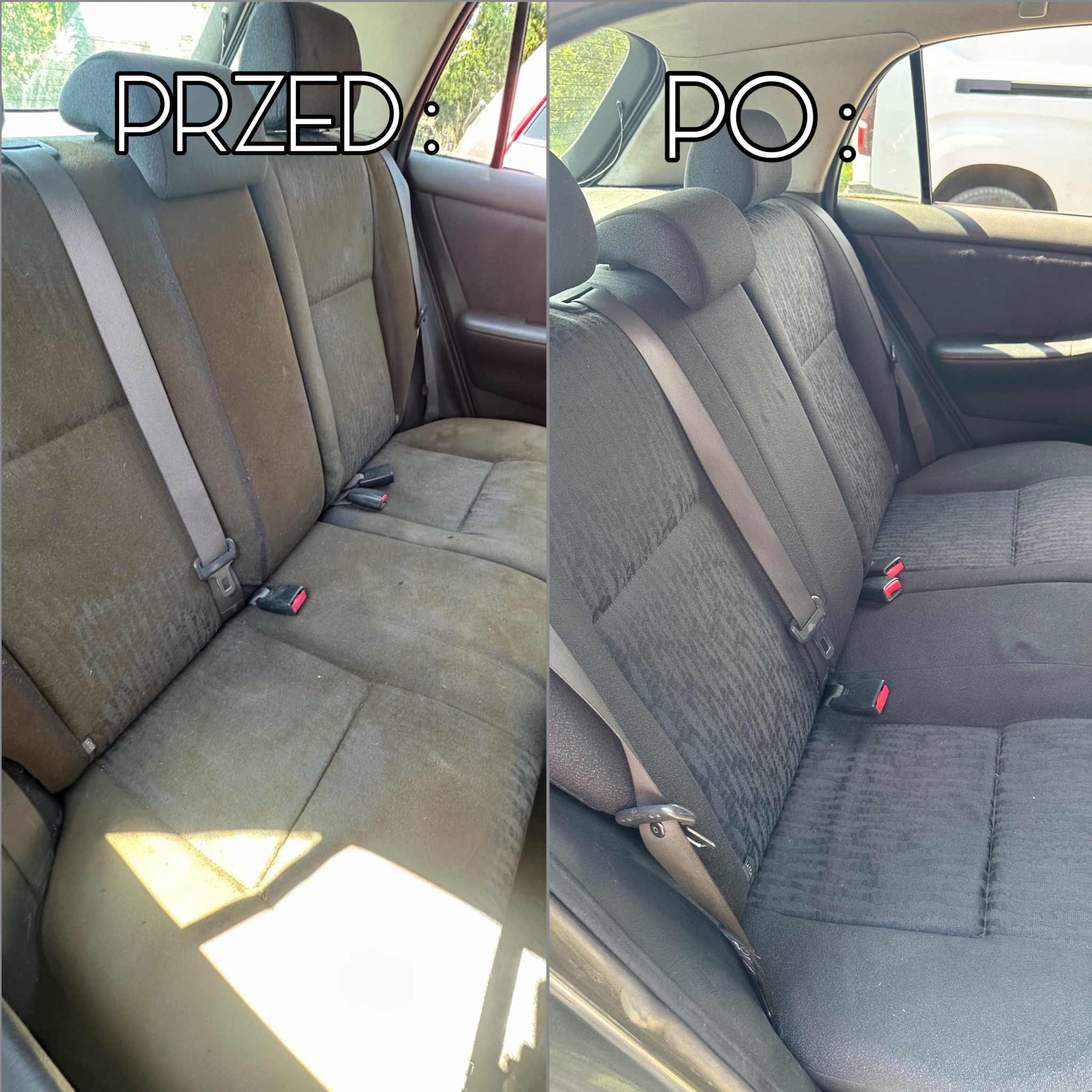 Tapicerka samochodowa tylna kanapa: po lewej zabrudzona, po prawej wyczyszczona. Efekt usługi prania tapicerki samochodowej. Widoczne pasy bezpieczeństwa i zagłówki.