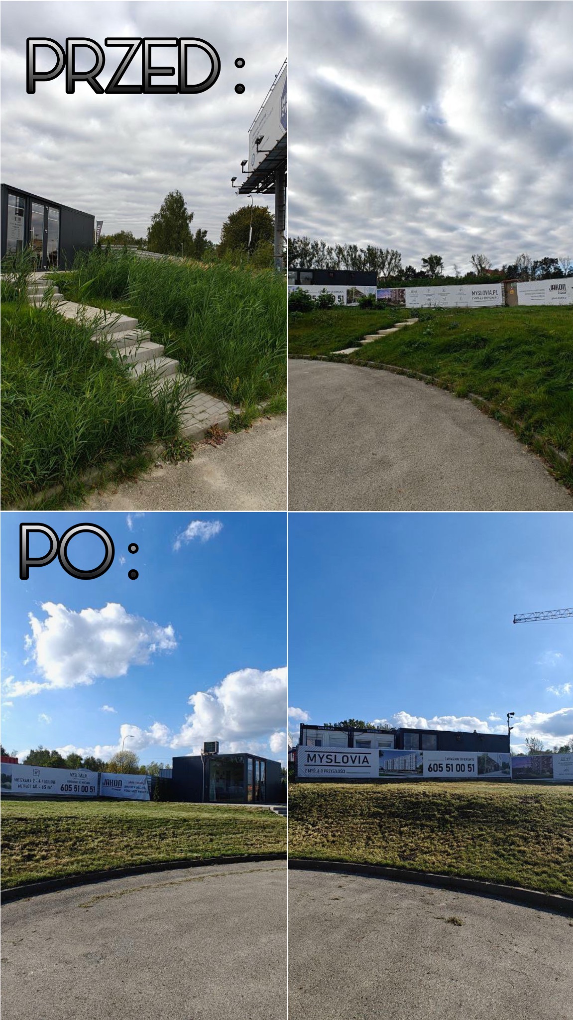 Porównanie terenu przed i po koszeniu: zaniedbane schody kontra krótko przystrzyżona trawa wokół budynku z reklamami Myslovia.