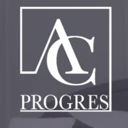 Logo firmy z inicjałami AC w kwadracie, poniżej napis PROGRES, całość w kolorze białym na szarym tle z subtelnym tłem w tle.