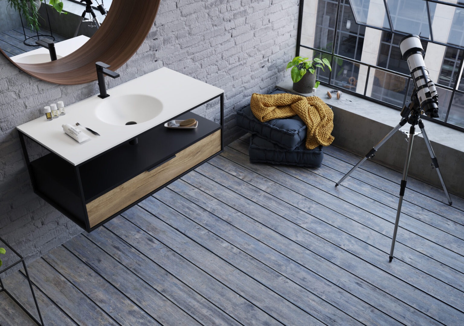 Nowoczesna umywalka nablatowa z szafką w odcieniach bieli, czerni i drewna, okrągłe lustro w drewnianej ramie, teleskop na trójnogu przy oknie, szara ceglana ściana i drewniana podłoga.