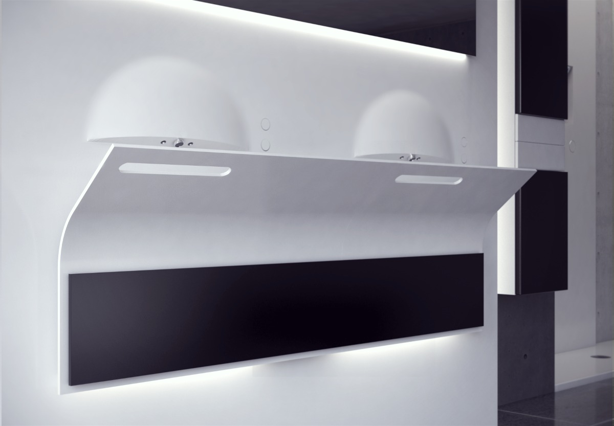 Nowoczesna, minimalistyczna umywalka z białym blatem z uchwytami i czarnym panelem podświetlonym od dołu, wbudowana w białą ścianę z oświetleniem LED.