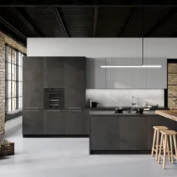 Nowoczesna kuchnia w stylu loft z ciemnymi, matowymi frontami, wyspą kuchenną i drewnianym stołem z hokerami, widoczne skrzynki z butelkami przy oknie.