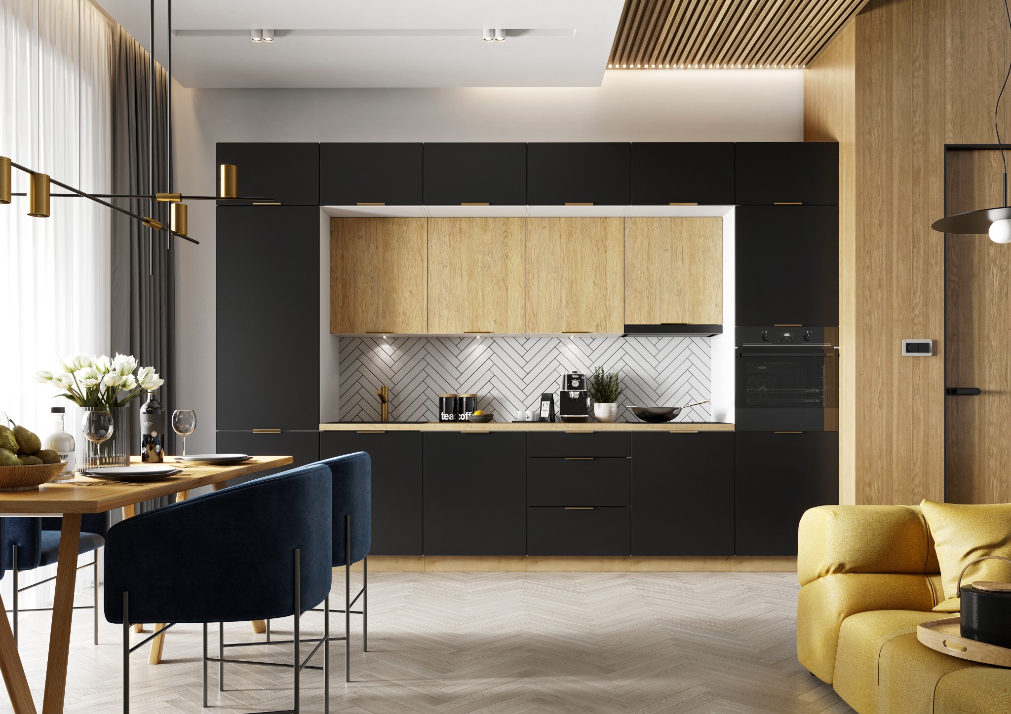 Nowoczesna kuchnia z czarnymi szafkami dolnymi i drewnianymi górnymi, biała ceglana ściana nad blatem, drewniany stół jadalny z niebieskimi krzesłami, żółta sofa w tle.