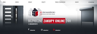 Baner reklamowy hurtowni online z drzwiami, oknami i roletami, z hasłem 'Bezpieczne zakupy online 24h' i logo firmy.