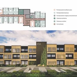 Wizualizacja budynku biurowego z elewacją z drewnianych paneli pionowych, z planem kondygnacji na górze, numer budynku 45A, zieleń przed budynkiem, pochmurne niebo.