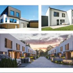 Kolaż prezentujący różne nowoczesne budynki: biurowiec z elementami drewna, dom jednorodzinny z tarasem i osiedle domów szeregowych z podjazdami i samochodami. W tle błękitne niebo i zachód słońca.