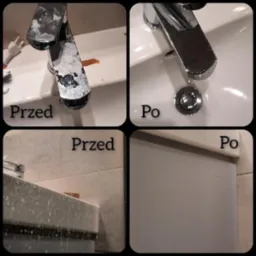 Kolaż przedstawiający umywalkę i fragment ściany przed i po czyszczeniu, widoczne ślady farby i zabrudzeń usunięte, stan 'po' charakteryzuje się czystością i brakiem plam.
