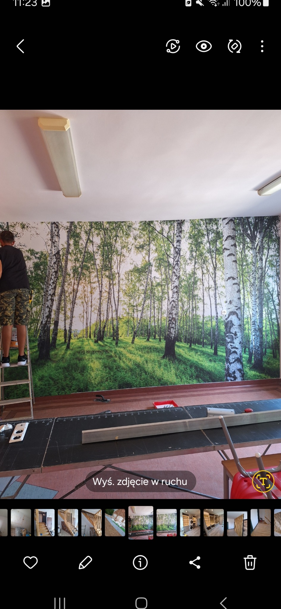 Mężczyzna na drabinie, montujący tapetę z motywem brzozowego lasu na ścianie, widoczne narzędzia i akcesoria przygotowane na stole do tapetowania.