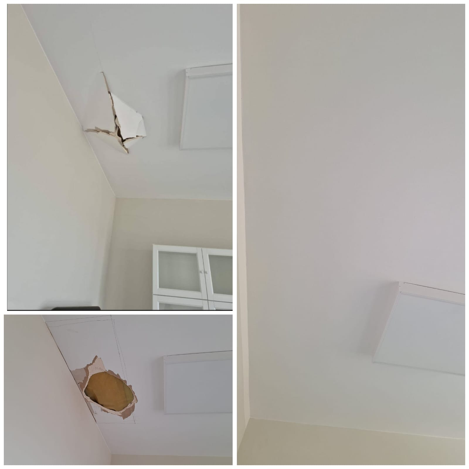 Uszkodzony sufit z dziurą i widoczną izolacją w Złotym Stoku. Zdjęcie prezentuje stan przed naprawą, ukazując zakres prac do wykonania.