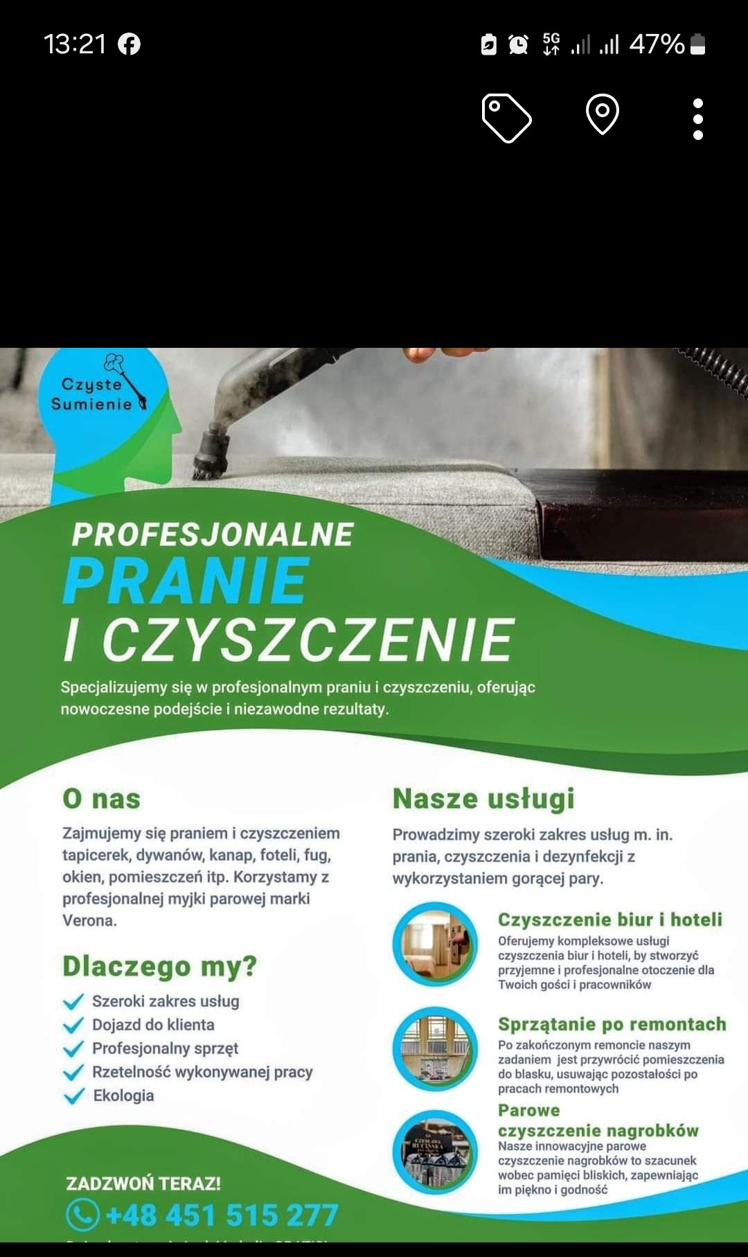 Reklama firmy oferującej profesjonalne pranie i czyszczenie tapicerki, dywanów, kanap i foteli za pomocą myjki parowej Verona.