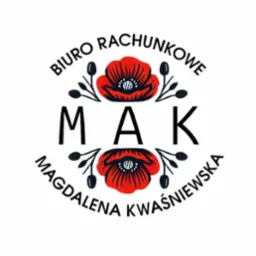 Logo biura rachunkowego MAK Magdalena Kwaśniewska z motywem czerwonych maków i czarnym napisem na białym tle. Grafika w okrągłym układzie.