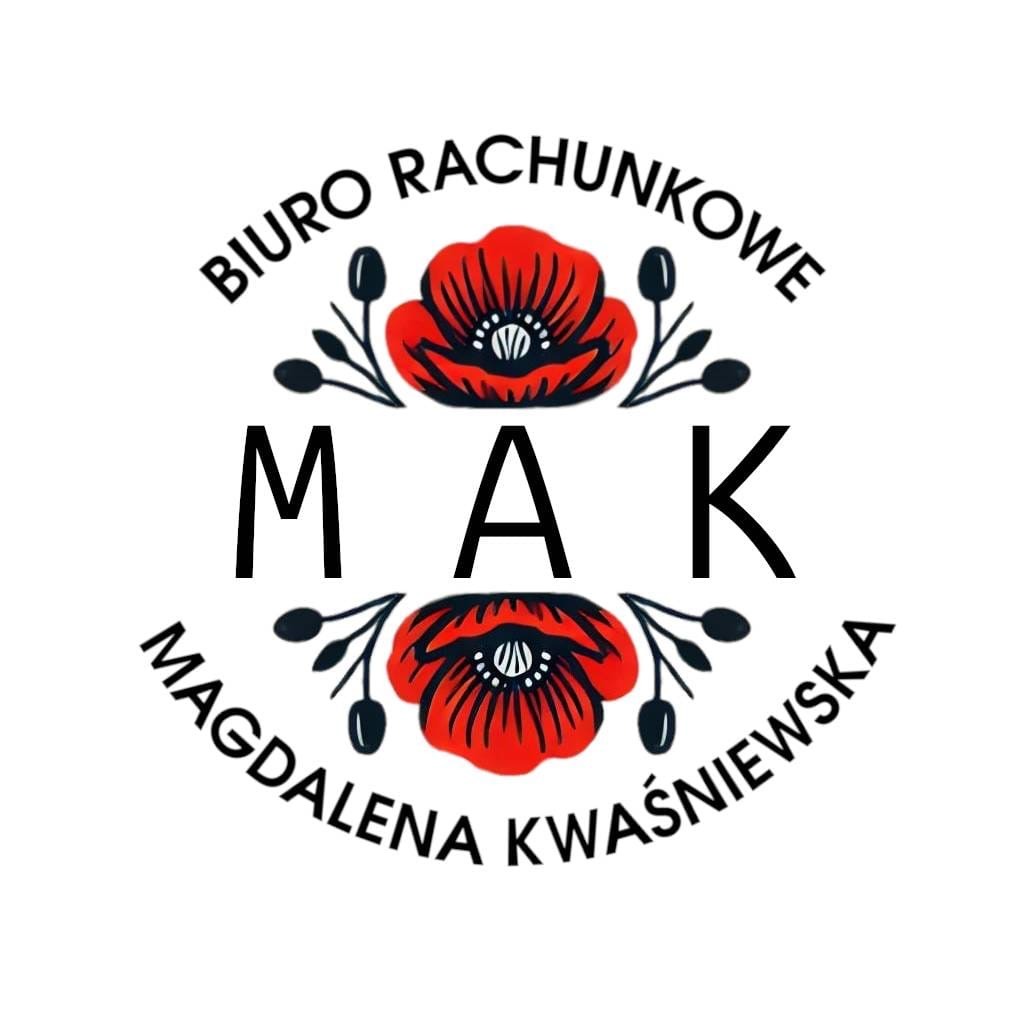 Logo biura rachunkowego MAK Magdalena Kwaśniewska z motywem czerwonych maków i czarnym napisem na białym tle. Grafika w okrągłym układzie.