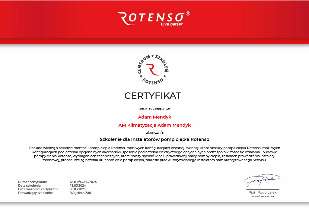Skan certyfikatu ukończenia szkolenia dla instalatorów pomp ciepła Rotenso, wydany dla Adama Mendyka przez Centrum Szkoleń Rotenso, z datą ważności do 18.03.2025 i podpisem Piotra Pogorzałka.