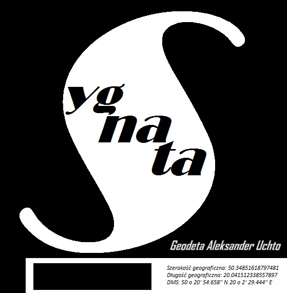 Logo firmy geodezyjnej w kolorach czarno-białych z nazwą 'Ygnata' wpisaną w kształt litery S oraz danymi geolokalizacyjnymi i imieniem i nazwiskiem geodety Aleksandra Uchto.