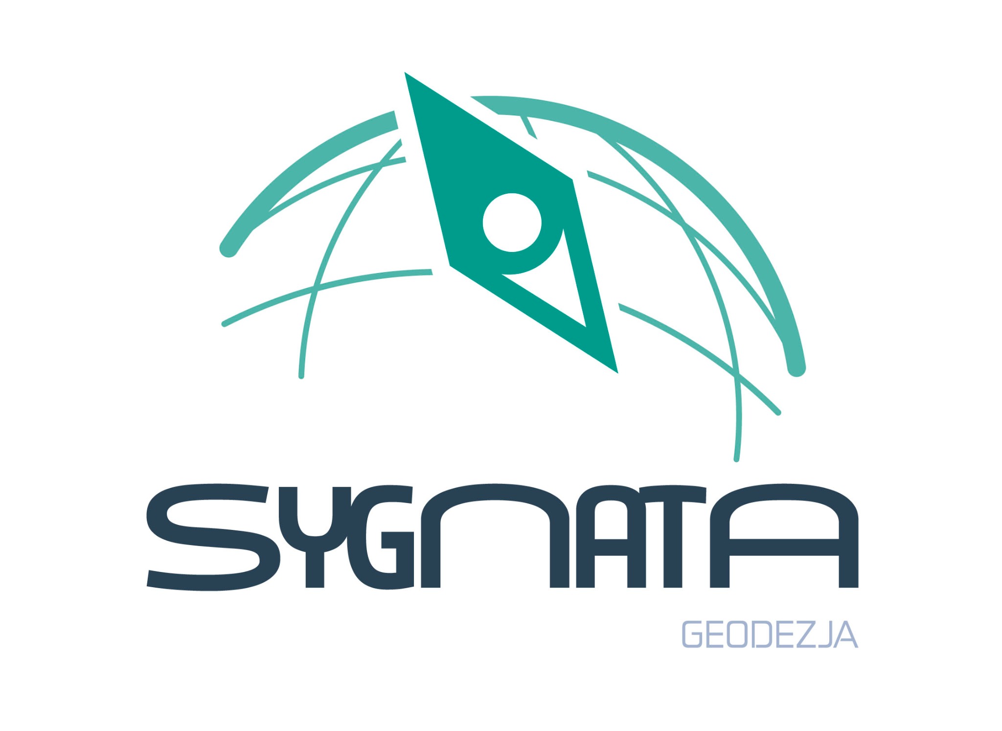 Logo firmy SYGNATA GEODEZJA z symbolem kompasu wpisanego w globus w odcieniach turkusu.