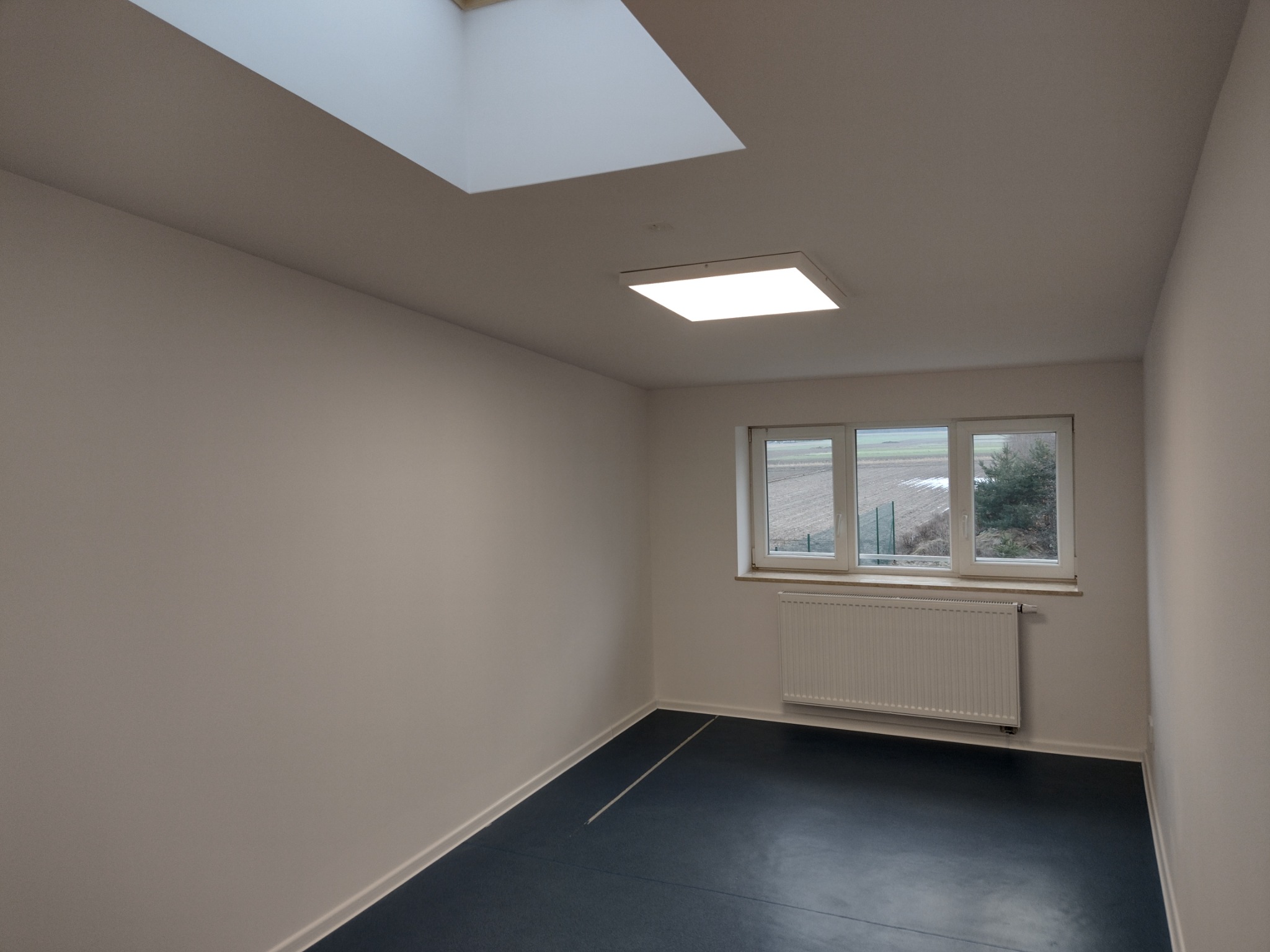 Pusty pokój po remoncie z białymi ścianami, ciemną podłogą, oknem z widokiem na zewnątrz i kwadratowym świetlikiem w suficie.