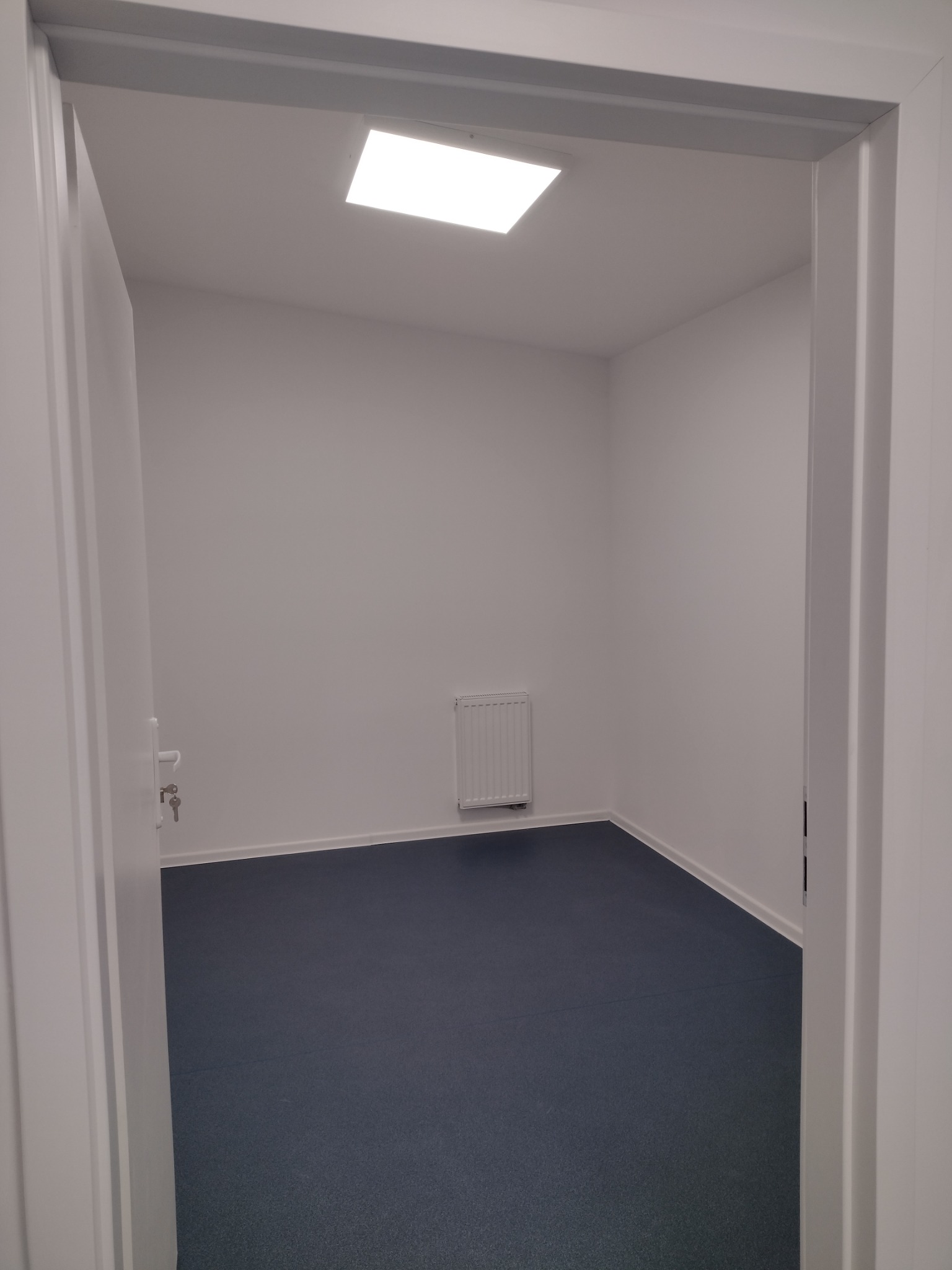 Wnętrze pomalowanego na biało pokoju biurowego z niebieską wykładziną, widok zza uchylonych białych drzwi, grzejnik na ścianie.