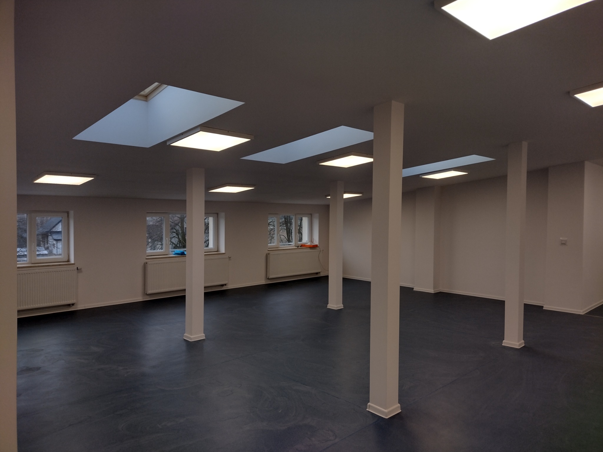 Wnętrze pustego, odnowionego biura z niebieską podłogą, białymi ścianami, kolumnami i oknami z widokiem na drzewa.