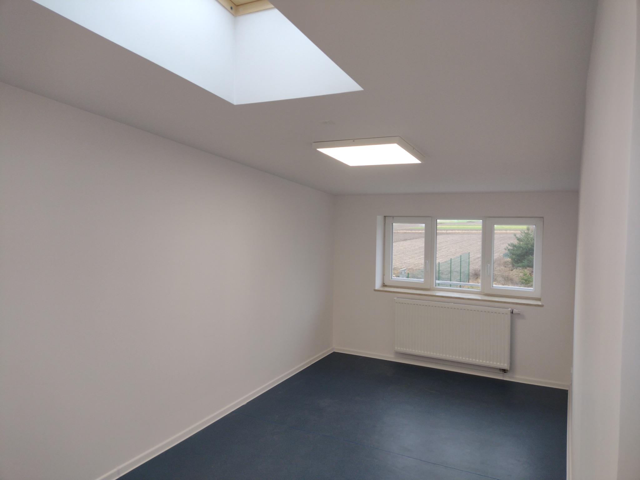 Pomalowane na biało wnętrze pokoju z oknem, grzejnikiem i ciemną podłogą, oświetlone światłem dziennym z okna dachowego i lampy sufitowej.