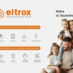 Grafika reklamowa firmy Eltrox z Kielc, oferującej usługi związane z bezpieczeństwem, przedstawiająca logo firmy, ikonografiki zagrożeń takich jak włamanie, zalanie, pożar, zanik energii,...