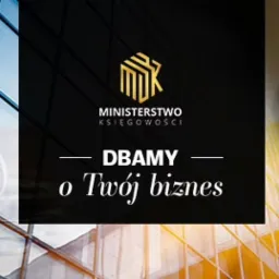 Warszawa: Nakładające się obrazy przedstawiające nowoczesny budynek biurowy, logo Ministerstwa Księgowości oraz dłoń analizującą wykresy finansowe przy użyciu pióra.