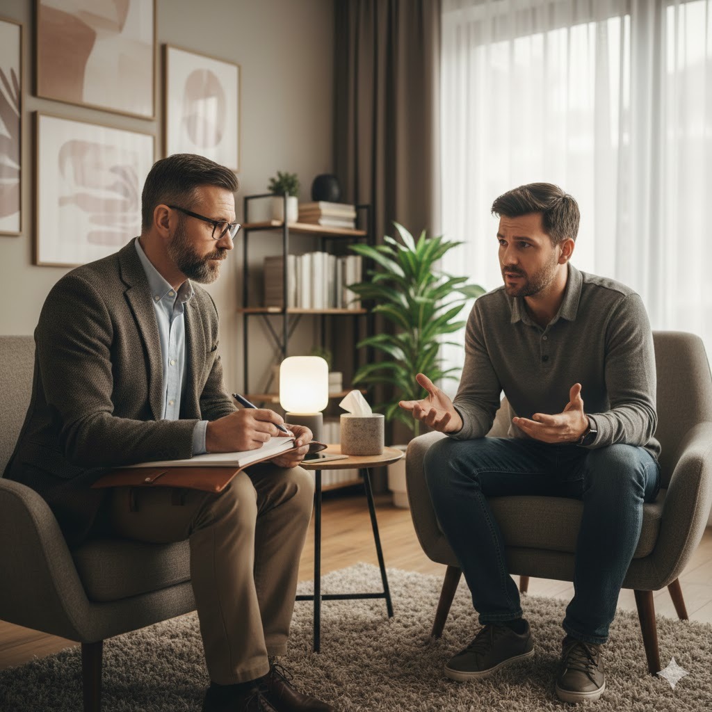 Sesja terapeutyczna: mężczyzna w okularach notuje, słuchając pacjenta gestykulującego w fotelu. Neutralne tło, ciepłe światło, dywan z długim włosiem.