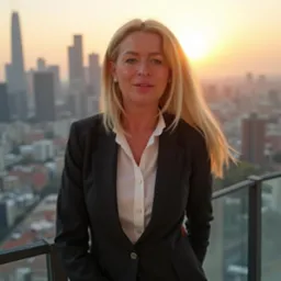Profesjonalna blond kobieta w garniturze na tle panoramy miasta o zachodzie słońca. Elegancki wizerunek biznesowy, budzący zaufanie i kompetencje.