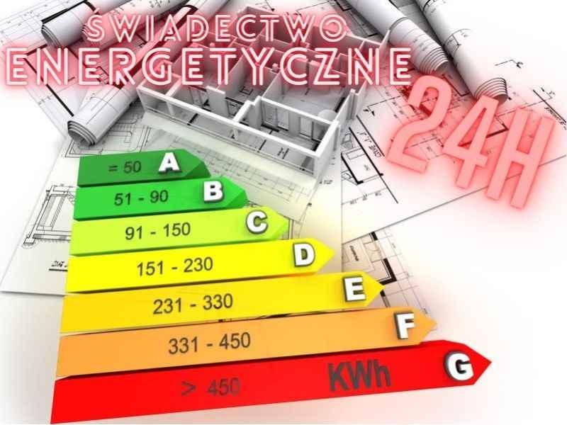 Wizualizacja świadectwa charakterystyki energetycznej budynku z oznaczeniami klas energetycznych A-G, plan architektoniczny w tle i napisem 24h.