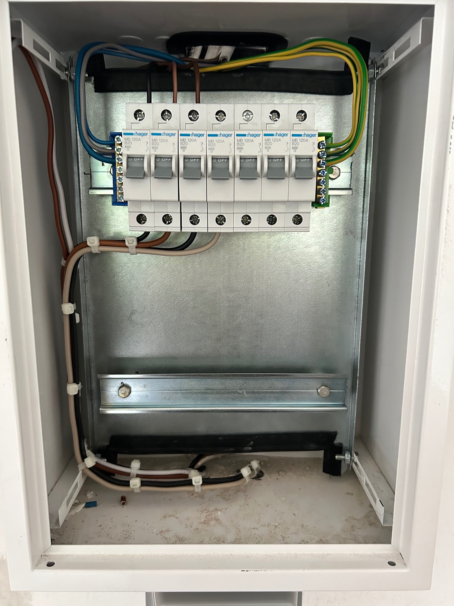 Wnętrze metalowej skrzynki rozdzielczej z zamontowanymi bezpiecznikami Hager MB 120A B20, widoczne kable w różnych kolorach zabezpieczone białymi opaskami zaciskowymi.