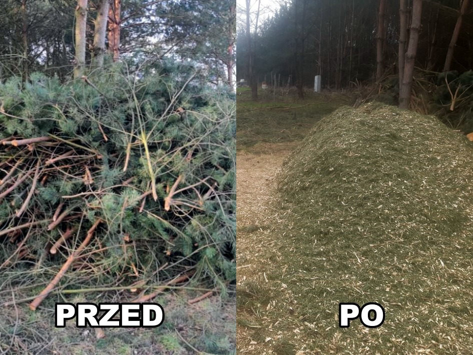 Porównanie stanu przed i po: stos gałęzi i igliwia przed rozdrobnieniem oraz pryzma zrębków drzewnych po obróbce, widoczne drzewa w tle.