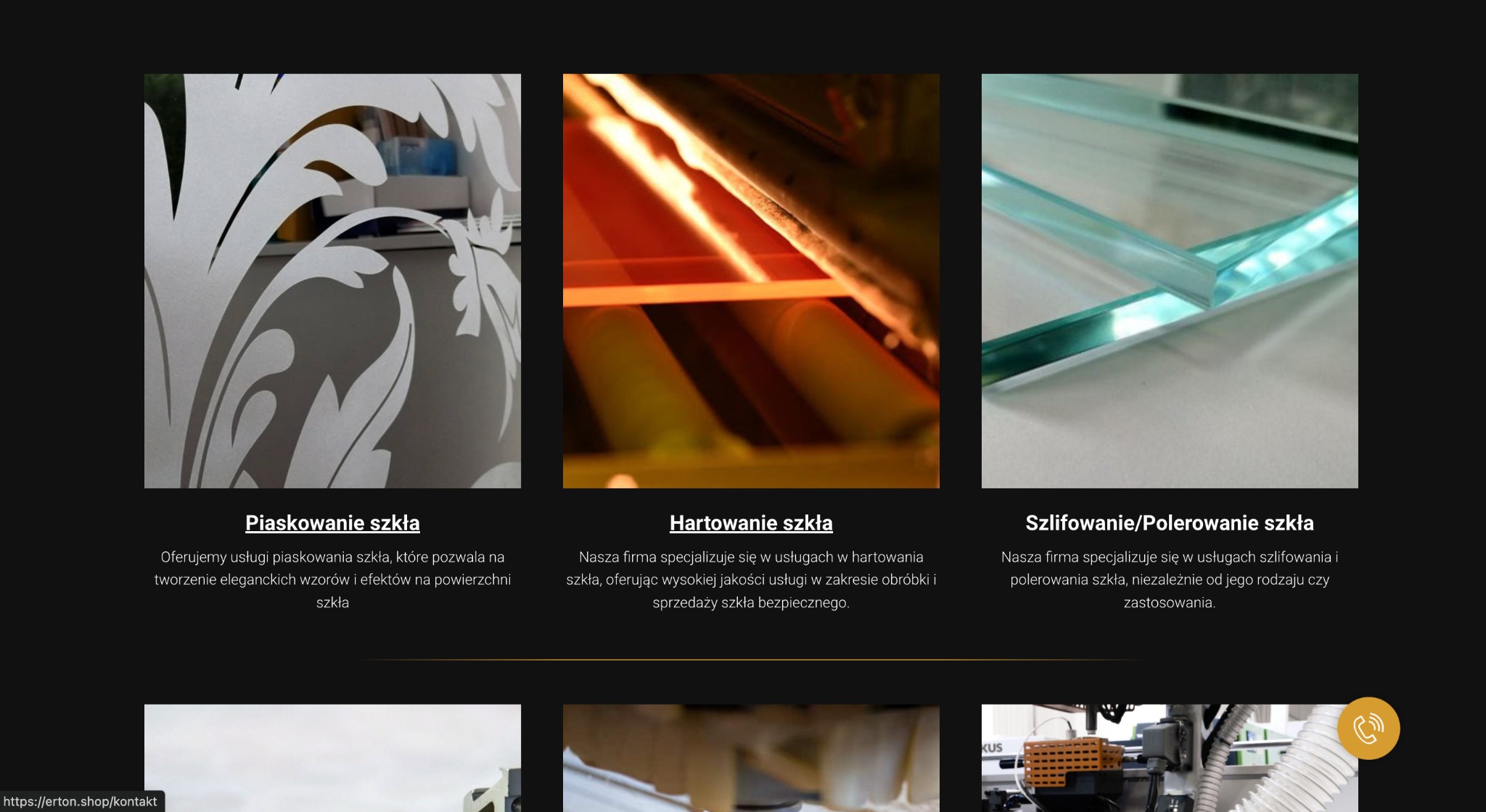 Kolaż trzech zdjęć prezentujących usługi obróbki szkła: piaskowanie z dekoracyjnym wzorem roślinnym, hartowanie z widocznym procesem nagrzewania oraz szlifowanie krawędzi szkła.