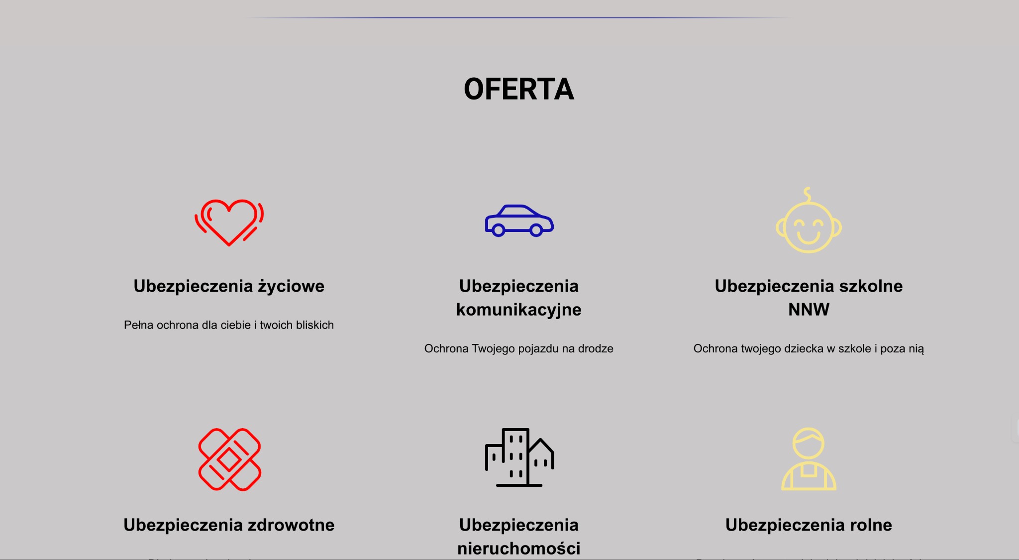 Graficzna prezentacja oferty ubezpieczeniowej z ikonami: serce (życiowe), samochód (komunikacyjne), uśmiechnięta buzia dziecka (szkolne NNW), krzyż (zdrowotne), budynki (nieruchomości), rolnik...