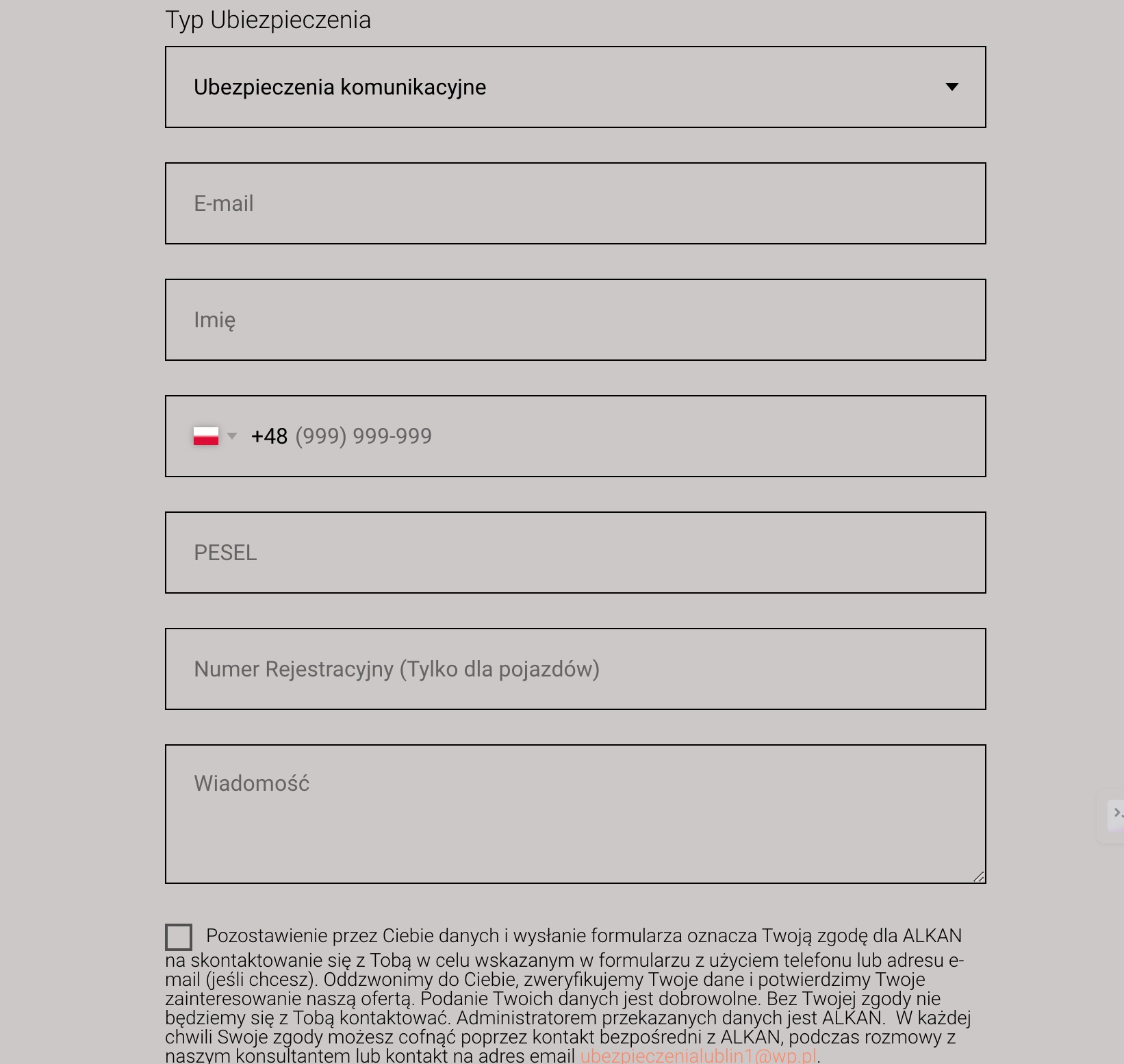 Formularz kontaktowy online z polami do wypełnienia: Typ Ubezpieczenia, E-mail, Imię, Numer Telefonu z polskim numerem kierunkowym, PESEL, Numer Rejestracyjny pojazdu oraz pole Wiadomość, a poniżej...
